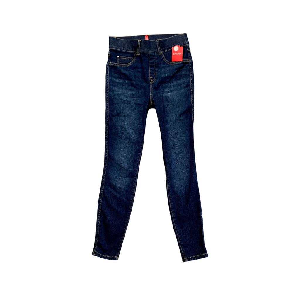 Spanx Jeans Womens XSP Petite Blue Denim Ankle Skinny Pull On Whiskered Stretch